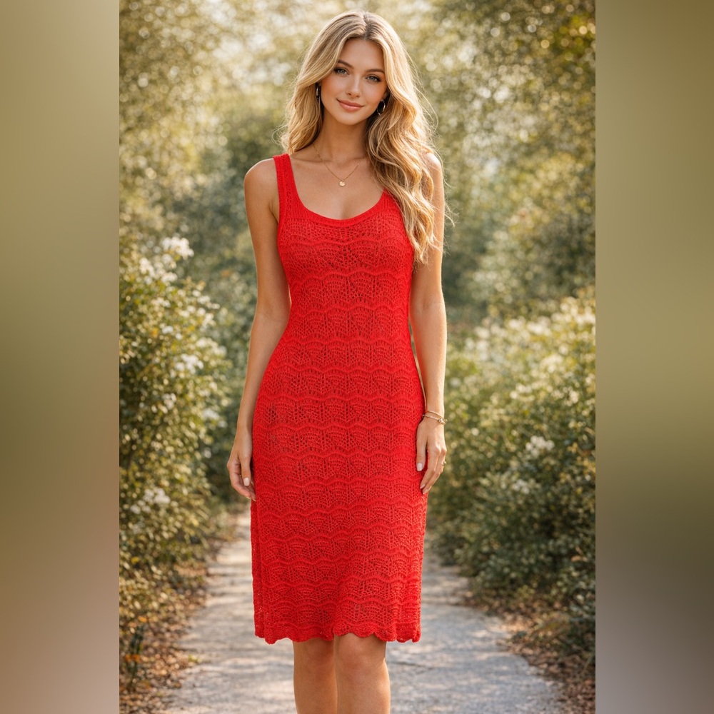 C&C California Vibrant Red Crochet Midi Dress